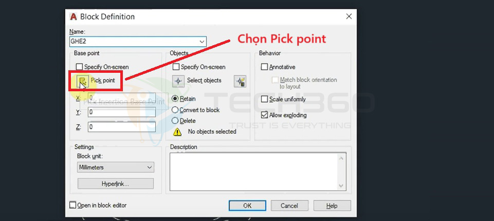 lệnh tạo khối trong cad: chọn điểm chèn
