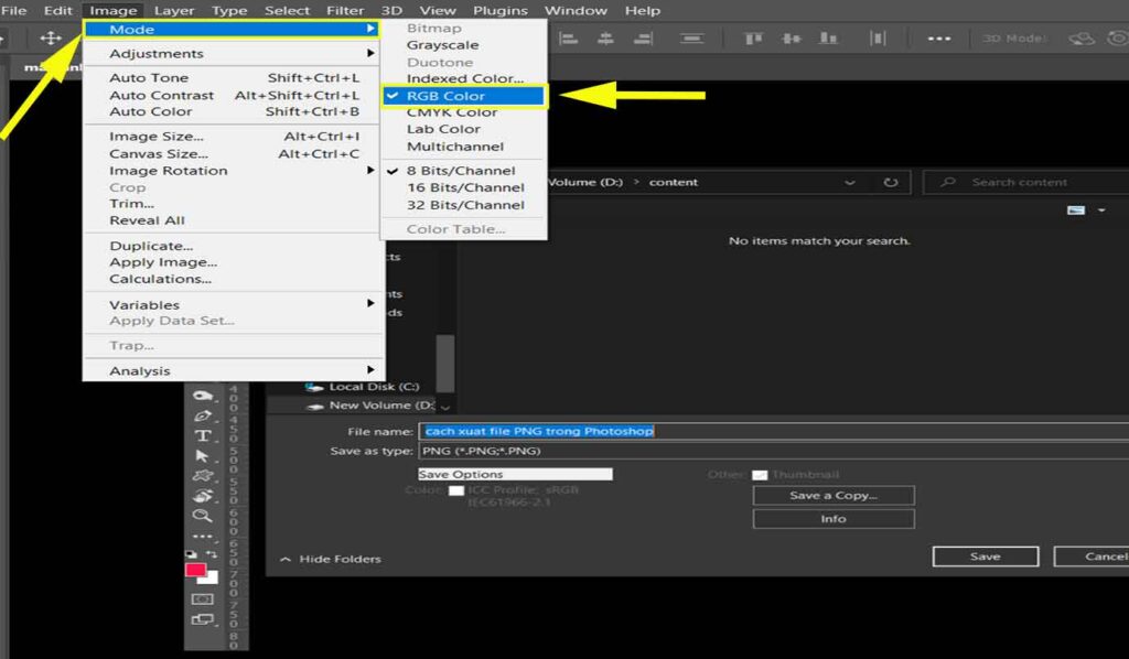 Cách thay đổi chế độ màu khi không lưu được ảnh PNG trong Photoshop