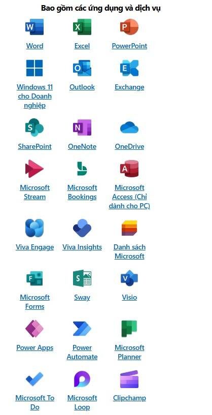 Các ứng dụng có trong Microsoft 365 E3 (no Teams)