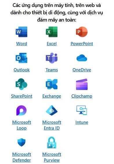 Các ứng dụng có trong Microsoft 365 Business Premium