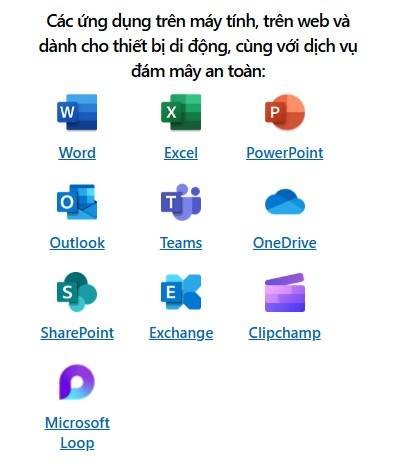 Các ứng dụng có trong Microsoft 365 Business Standard