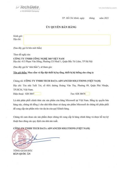 Thư chứng nhận Tech360 là đại lý ủy quyền Microsoft chính hãng
