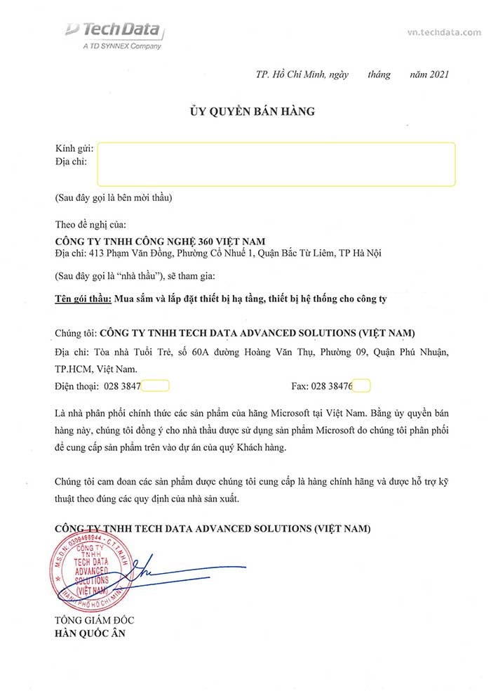 Thư chứng nhận Tech360 là đại lý ủy quyền Microsoft chính hãng