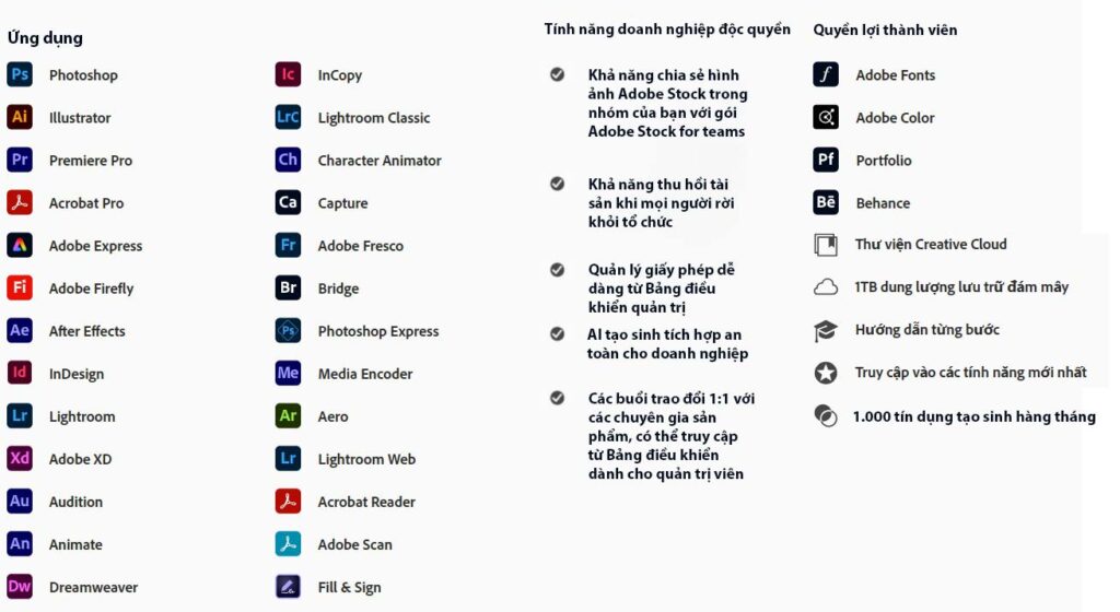 Adobe bản quyền for teams bao gồm những gì?