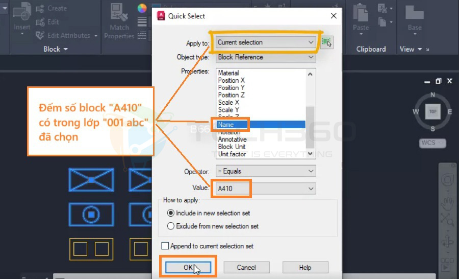 Đếm số block với tên cụ thể trên 1 layer với qselect