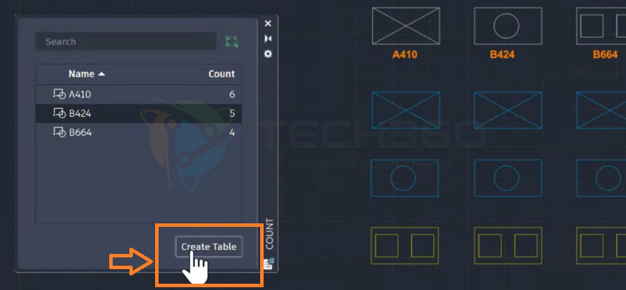 Chọn Create Table trong bảng Count để chèn bảng đếm block vào bản vẽ