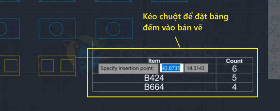Kéo chuột để đặt bảng đếm vào bản vẽ