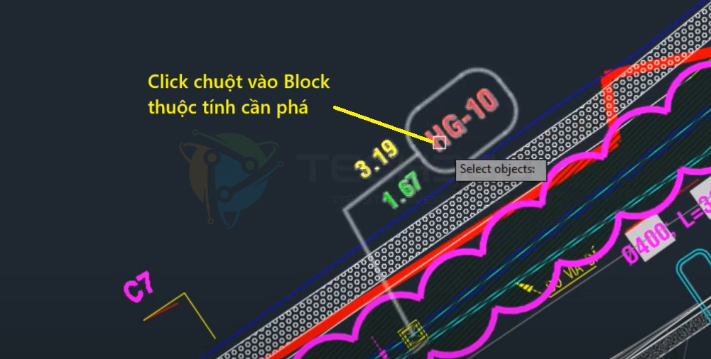 Lệnh phá vỡ block trong AutoCAD: chọn block thuộc tính cần phá