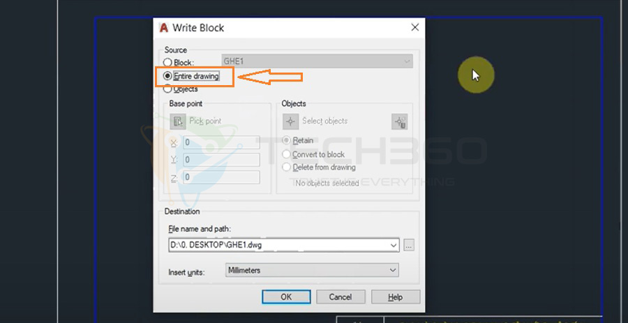 WBlock trong AutoCAD với tùy chọn Entire drawing