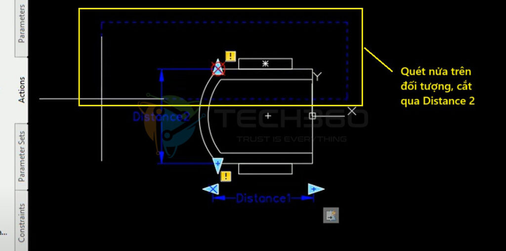 Dùng chuột quét nửa trên đối tượng, cắt qua Distance 2.