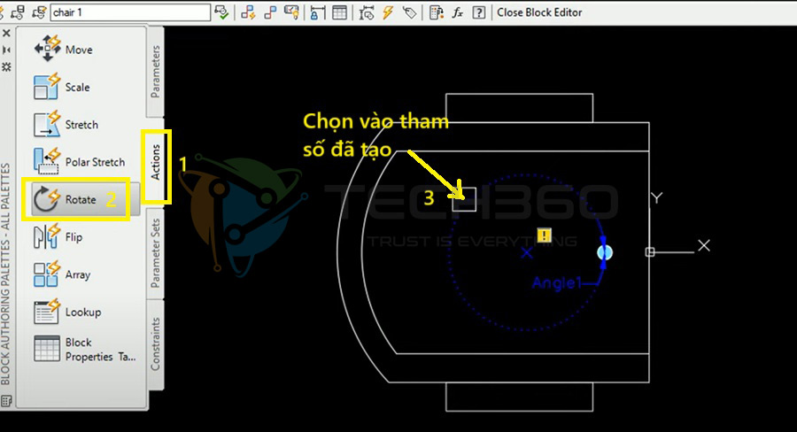 Chuyển sang tab Actions > chọn Rotate > chọn vào tham số đã tạo ở trên
