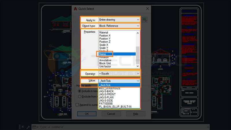 Thiết lập tiêu chí lọc Block trong hộp thoại Quick Select